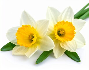 Fototapeta premium Two beautiful narcissus (Narcissus) flowers with green leaves close up on white isola
