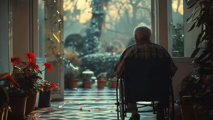 In a nursing home corridor, an elderly man sits in his wheelchair, gazing thoughtfully at the serene winter landscape outside, surrounded by blooming plants - Powered by Adobe