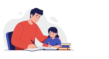 Father helping daughter with homework at a desk