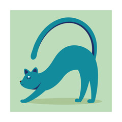 Stylized blue cat stretching with orange tip on tail and smiling on a mint green background