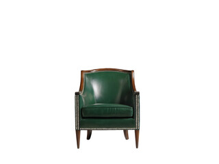 Fototapeta premium A luxurious armchair with a deep green upholstery. The chair features a curved backrest adorned with silver studs along its edges. The armrests are also studded, and the chair has a slightly curved wo