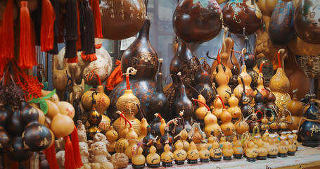 Chengdu, Sichuan, China. Souvenir Pumpkins. Souvenirs From Bottle Gourd Or Calabash. Chinese Souvenir Shop. Opo Squash, Calabash Or Hulu - Traditional Chinese Bottle Gourd Is Ancient Symbol For Health