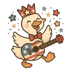 Cute silly goose playing patriotic guitar with crown and stars – 4th of July cartoon clipart