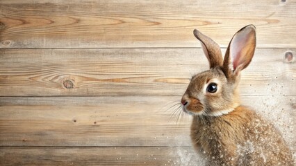 Obraz premium Happy Rabbit Flat Lay, Wooden Texture Panoramic, Splash Effect, High Depth of Field