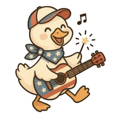 Cute silly goose playing patriotic guitar with sparkler – 4th of July cartoon clipart for summer designs