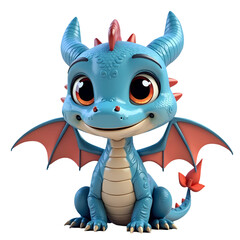 Fototapeta premium A cute blue cartoon dragon with orange eyes and wings sitting on a black background looking forward