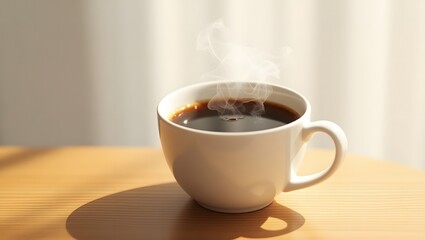 Steaming cup of black coffee on wooden table