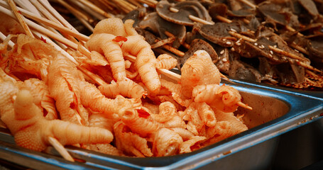 Chengdu, Sichuan, China. Fried Chicken Feet. Chinese Cuisines. Beer Snack, Phoenix Claws Or Chicken Claws. Chinese Street Food. Asian Street Food. Asian Cuisine. Gastronomic Tourism