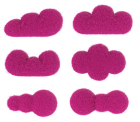 Cartoon pink cloud from fur or felt material. 3d illustration of cute soft child toy. Realistic creative render element.