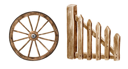 Wooden garden gate and cart wheel, set in rustic style. Hand drawn watercolor illustration isolated on white background