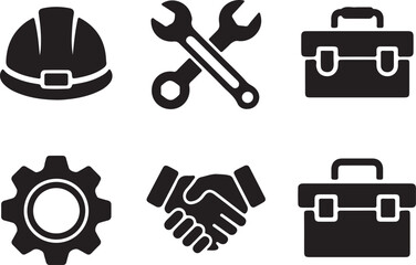 Black and White Icons of Hard Hat, Wrench, Toolbox, Gear, Handshake on Transparent