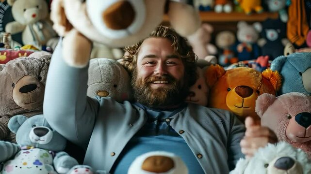A jovial and rotund male relaxes among a vibrant array of plush toys, smiling brightly and playfully tossing a toy into the camera, creating a moment of sheer joy