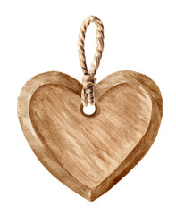 Wooden heart on a string, rustic style. Hand drawn watercolor illustration isolated on white background