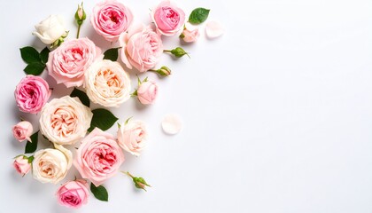 Festive flower English rose composition on the white background. Overhead top view, 
