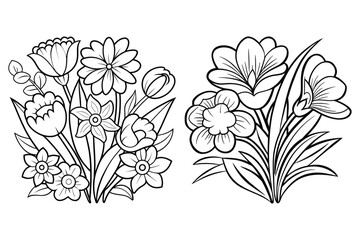 Two floral bouquets line art illustration isolated on white background