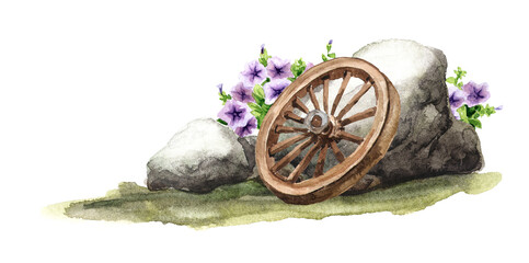 Wooden wheel decorated with rustic flowers. Hand drawn watercolor illustration isolated on white background