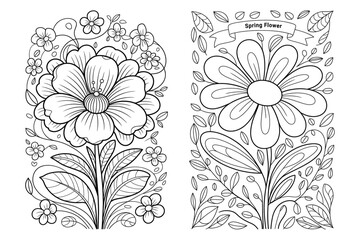 Two spring flower designs coloring pages isolated on white background