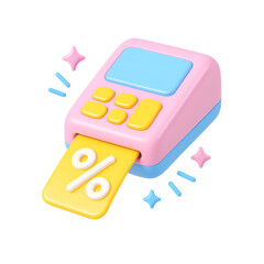 3D cartoon-style POS terminal printing yellow discount percentage slip for transaction and price reduction
