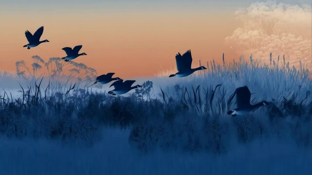 Several ducks are flying over the field with reeds. The sun is setting, coloring the sky in warm colors. Evening landscape.
