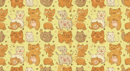 Adorable Cartoon Cats Seamless Pattern Cute Kittens Watercolor Texture Pastel Background