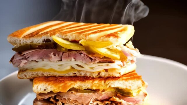 Two stacked pressed sandwiches with grilled bread, ham, cheese, mustard, and pickles on a white plate, with steam rising