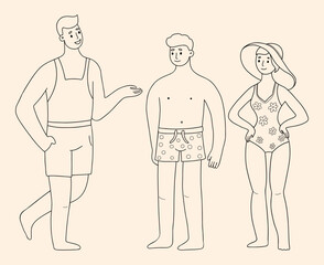 Outline People Beach set. Cute Woman in Swimsuit and sun hat and man with swimming trunks. Isolated male and female Character on summer vacation linear hand drawing. Vector illustration