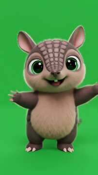 Animated cartoon armadillo character against green background