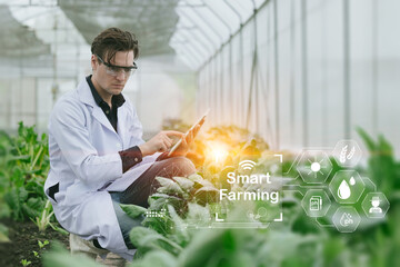 modern farmer using Smart Farming, Farming technology innovation software for new agriculture plant monitor control.