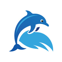Cartoon illustration of a playful dolphin leaping through ocean waves in a simple design