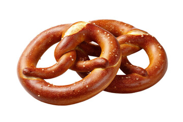 Fototapeta premium Two freshly baked salted pretzels on black background, cut out