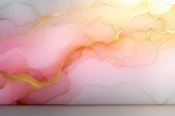 Abstract marble of alcohol ink background with flowing pink and yellow beige tones, soft gradients blending.Marbling artwork texture. Agate ripple pattern. Gold powder.