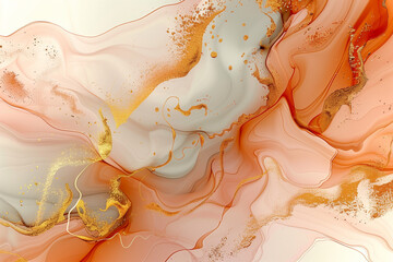 Abstract marble of alcohol ink background with flowing pink and yellow beige tones, soft gradients blending.Marbling artwork texture. Agate ripple pattern. Gold powder.