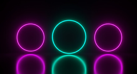 Abstract Neon Circles Glowing Pink and Teal Circular Lights Reflective Surface Dark Background