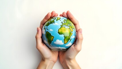 Hands gently holding a small earth globe