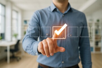 Businessman Selecting Checkbox Digital Checklist Online Task Management Modern Technology Interface User Experience Concept Successful Project Completion Efficient Workflow Planning Strategy Digital  
