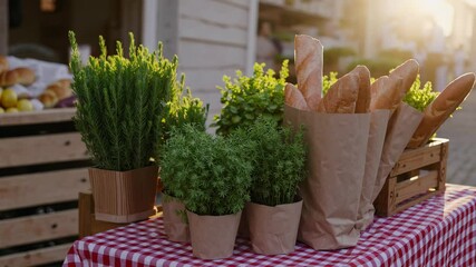Sunlit farmers market: fresh herbs and baguettes display at sunrise vibrant morning vibes