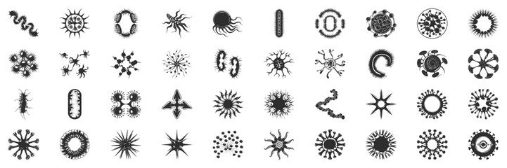 Microorganism And Virus Silhouette Set. Diverse Microbial Forms For Science And Education Isolated Vector Illustration Collection