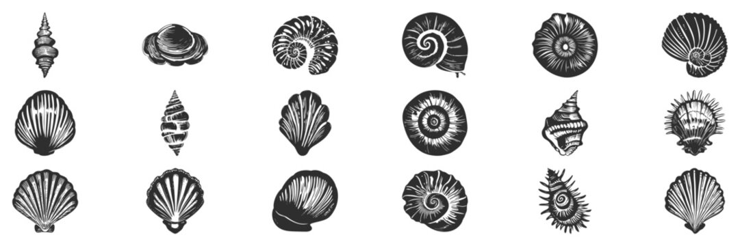 Seashell And Nautilus Silhouette Set. Marine Life And Oceanic Beauty. Isolated Vector Illustration Collection