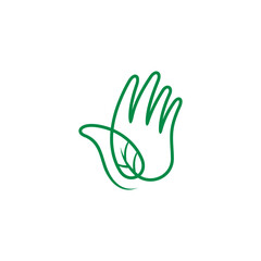 Hand logo with green leaf simple lines