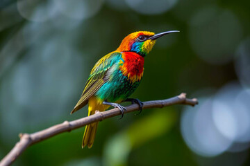 Obraz premium Beautiful Sunbird Perched on a Tree Branch, Showcasing Its Vibrant Plumage and Delicate Features in a Lush Natural Setting, Vibrant Wallpaper