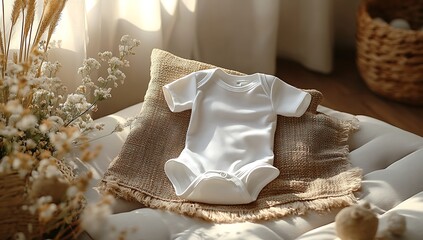 White baby onesie mockup on beige cushion with dried flowers

