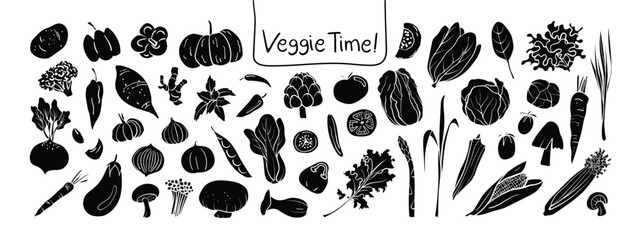 Isolated hand Drawn Vegetable Clipart Set on a transparent background. Black Silhouette Illustration Style.