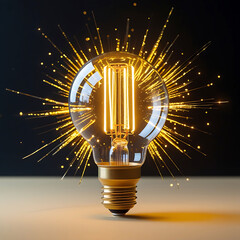 Bright glowing golden light bulb concept of energy and inspiration