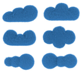 Cartoon blue clouds from fur or felt material. 3d illustration of cute soft child toy. Realistic creative funny render element.