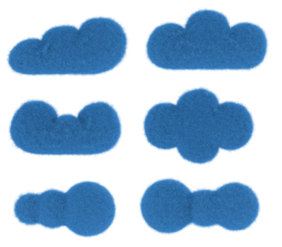 Cartoon blue clouds from fur or felt material. 3d illustration of cute soft child toy. Realistic creative funny render element.