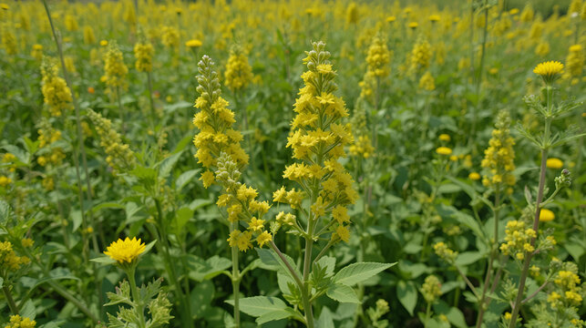 Ferula foetida in a sunny field with yellow flowers and green foliage, wildflowers, botanical garden