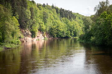 Obraz premium Scenic River Flowing Through Forest with Sandstone Cliffs and Reflections in Springtime