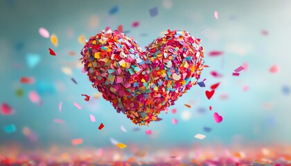 Colorful heart made of confetti in the air.