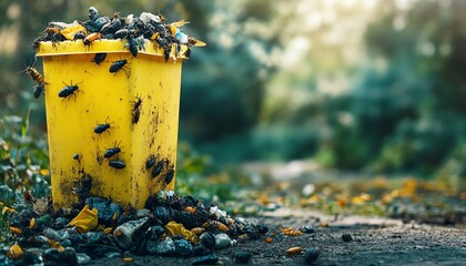 Yellow trash bin overflowing with insects.