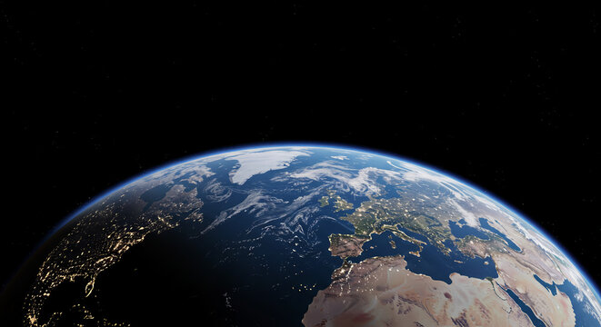 The view of Earth from space shows the continents of Europe and Africa at night with city lights shining, as well as parts of North America. Great for global or science themes.